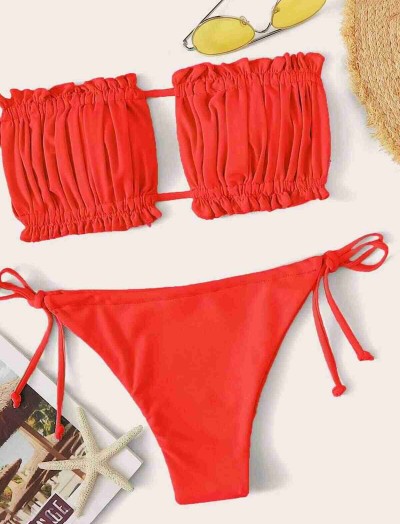 ReyonGO Brezilya Model Büzgülü Bağlamalı Bikini Altı Kırmızı
