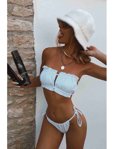 ReyonGO Brezilya Model Büzgülü Bağlamalı Bikini Takım Beyaz