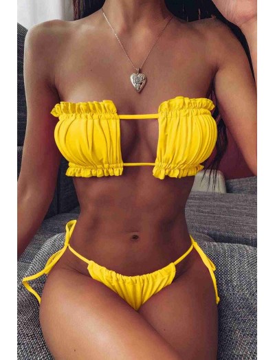 ReyonGO Brezilya Model Büzgülü Bağlamalı Bikini Takım Sarı