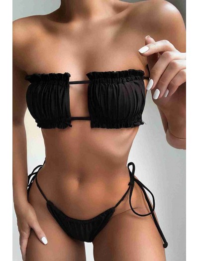 ReyonGO Brezilya Model Büzgülü Bağlamalı Bikini Takım Siyah