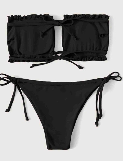 ReyonGO Brezilya Model Büzgülü Bağlamalı Bikini üstü Siyah