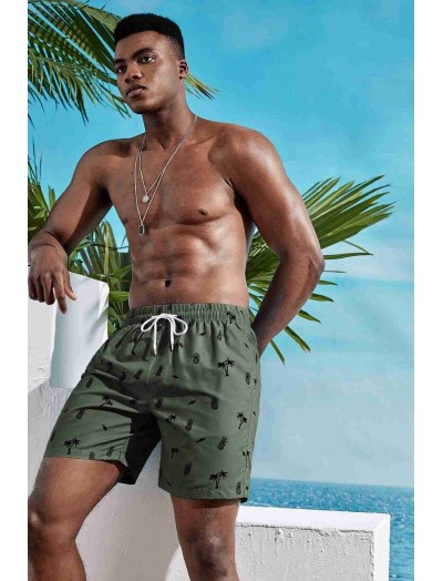 ReyonGO Erkek Basic Standart Boy Ananas ve Palmiye Baskılı Mayo Cepli Deniz Şortu Yeşil