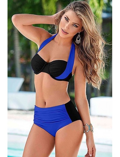ReyonGO Kaplı Mavi Siyah Tasarımlı Yüksek Bel Bikini Takım