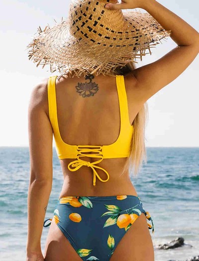 ReyonGO Önden Çarpraz Yanlardan Bağlamalı Baskılı Bikini Takım Çok Renkli