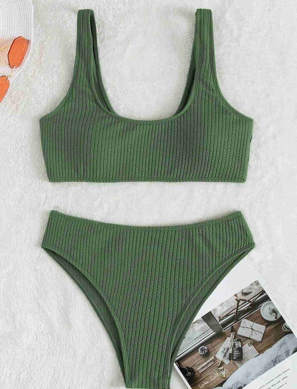 ReyonGO Özel Fitilli Kumaş Yüksek Bel Tankini Bikini Takım Yeşil