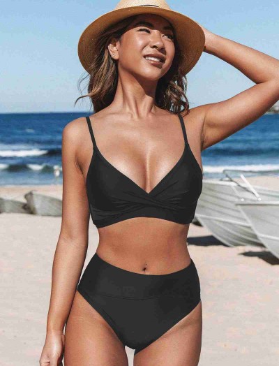 ReyonGO Özel Tasarım Önden Çarpraz Yüksek Bel Bikini Takım Siyah