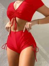 ReyonGO Özel tasarım Yarım Kol Büzgü Detaylı Bikini Takım Kırmızı