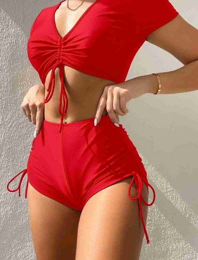 ReyonGO Özel tasarım Yarım Kol Büzgü Detaylı Bikini Takım Kırmızı