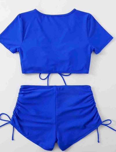 ReyonGO Özel tasarım Yarım Kol Büzgü Detaylı Bikini Takım Mavi