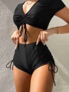 ReyonGO Özel tasarım Yarım Kol Büzgü Detaylı Bikini Takım Siyah