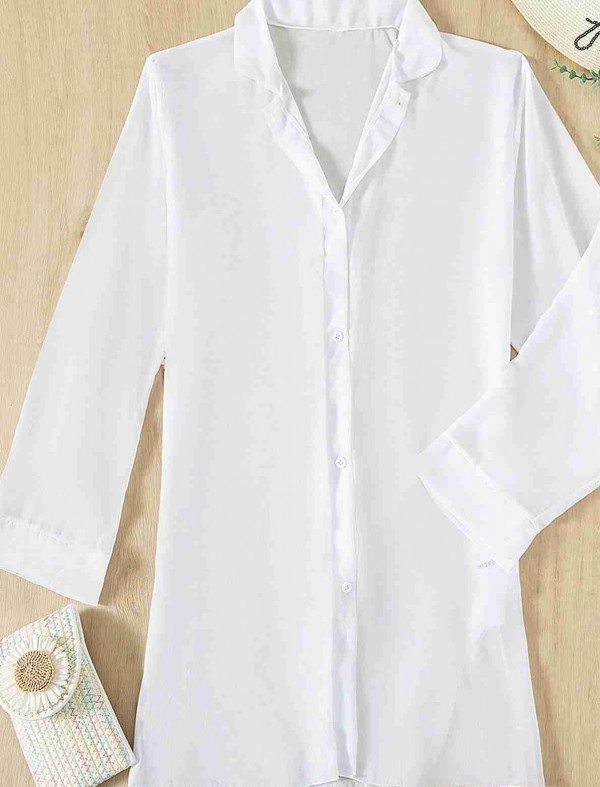 ReyonGO Şifon Gömlek Plaj Elbisesi Pareo Kimono Kaftan Beyaz