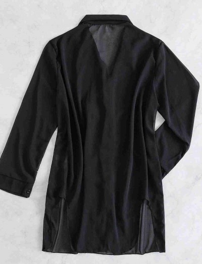 ReyonGO Şifon Gömlek Plaj Elbisesi Pareo Kimono Kaftan Siyah