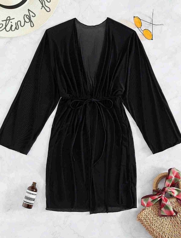 ReyonGO Uzun Önden Bağlamalı Plaj Elbisesi Pareo Kimono Siyah
