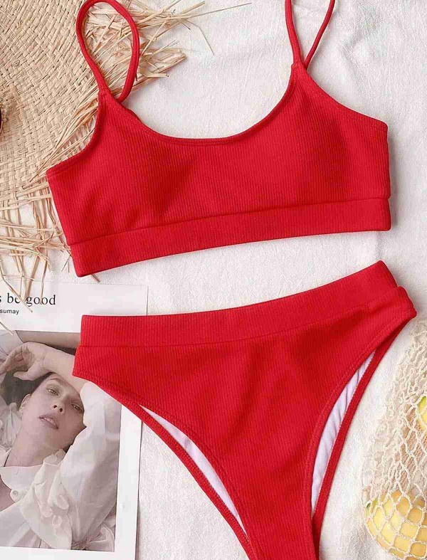 ReyonGO Yüksek Bel Fitilli Kumaş Tankini Bikini Takım Kırmızı