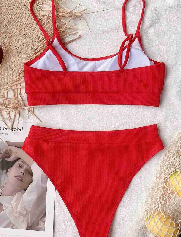 ReyonGO Yüksek Bel Fitilli Kumaş Tankini Bikini Takım Kırmızı