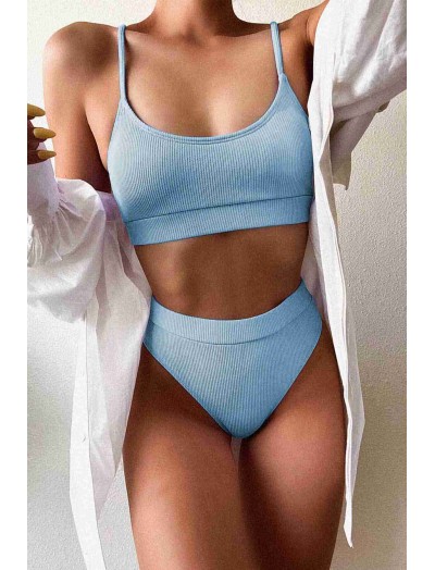 ReyonGO Yüksek Bel Fitilli Kumaş Tankini Bikini Takım Mavi