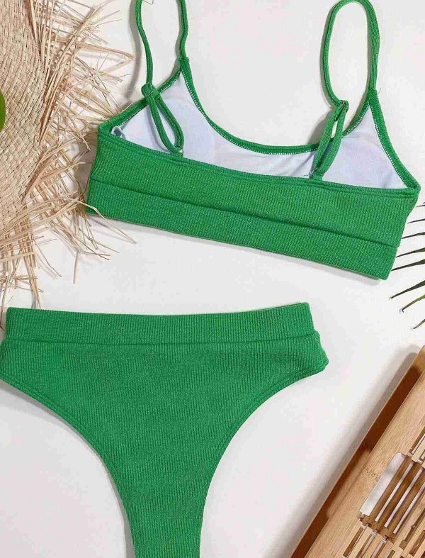 ReyonGO Yüksek Bel Fitilli Kumaş Tankini Bikini Takım Yeşil