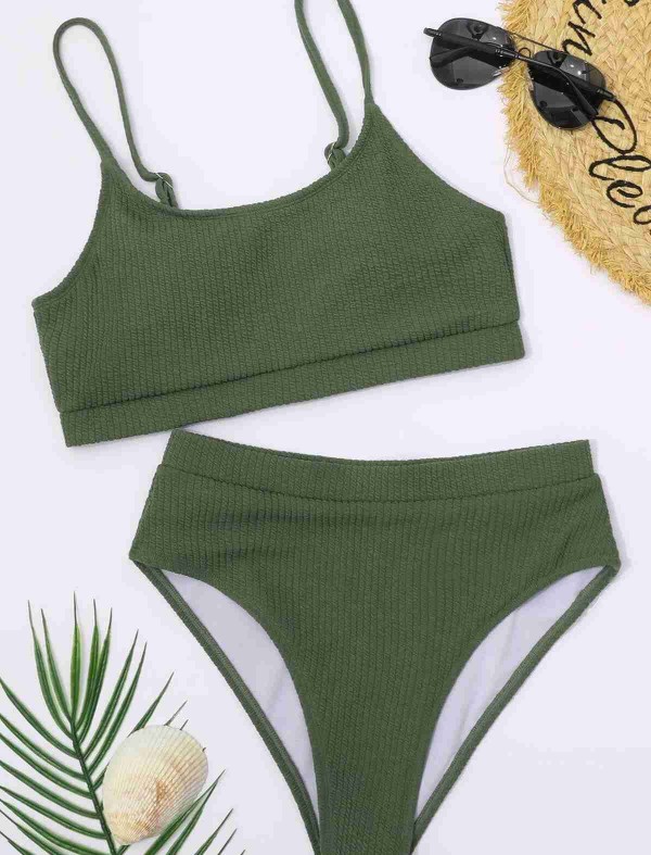 ReyonGO Yüksek Bel Özel Kumaş Tankini Bikini Takım Yeşil
