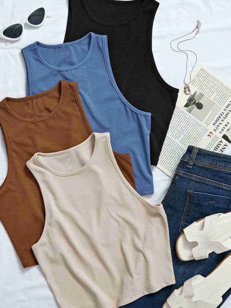 ReyonGO 4'lü Paket 4 Renk Takım Kadın Kolsuz Örme Kumaş Bluz Crop Çok Renkli