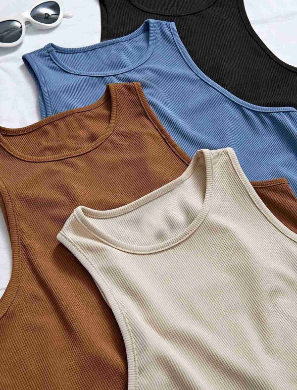 ReyonGO 4'lü Paket 4 Renk Takım Kadın Kolsuz Örme Kumaş Bluz Crop Çok Renkli