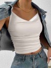 ReyonGO Kadın Kolsuz Askılı Degaje Yaka Bluz Crop Beyaz