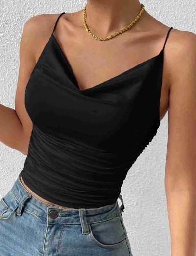 ReyonGO Kadın Kolsuz Askılı Degaje Yaka Bluz Crop Siyah