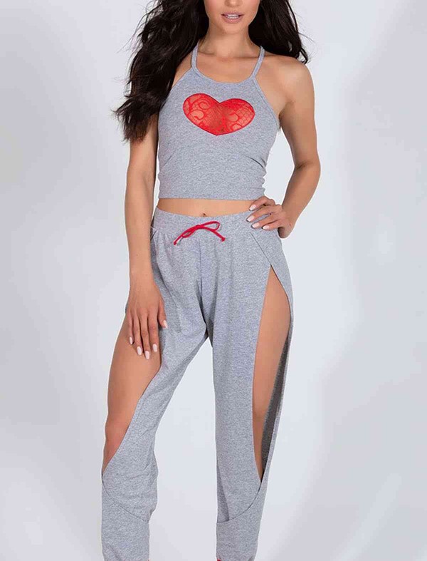ReyonGO Özel Tasarım Dantel Kalp Tasarımlı Pijama Takım Gri