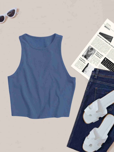 ReyonGO Tek Renk 1 Adet Kadın Kolsuz Örme Kumaş Bluz Crop Mavi