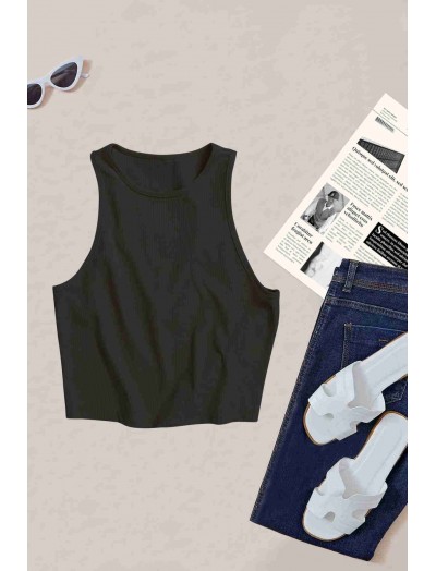 ReyonGO Tek Renk 1 Adet Kadın Kolsuz Örme Kumaş Bluz Crop Siyah